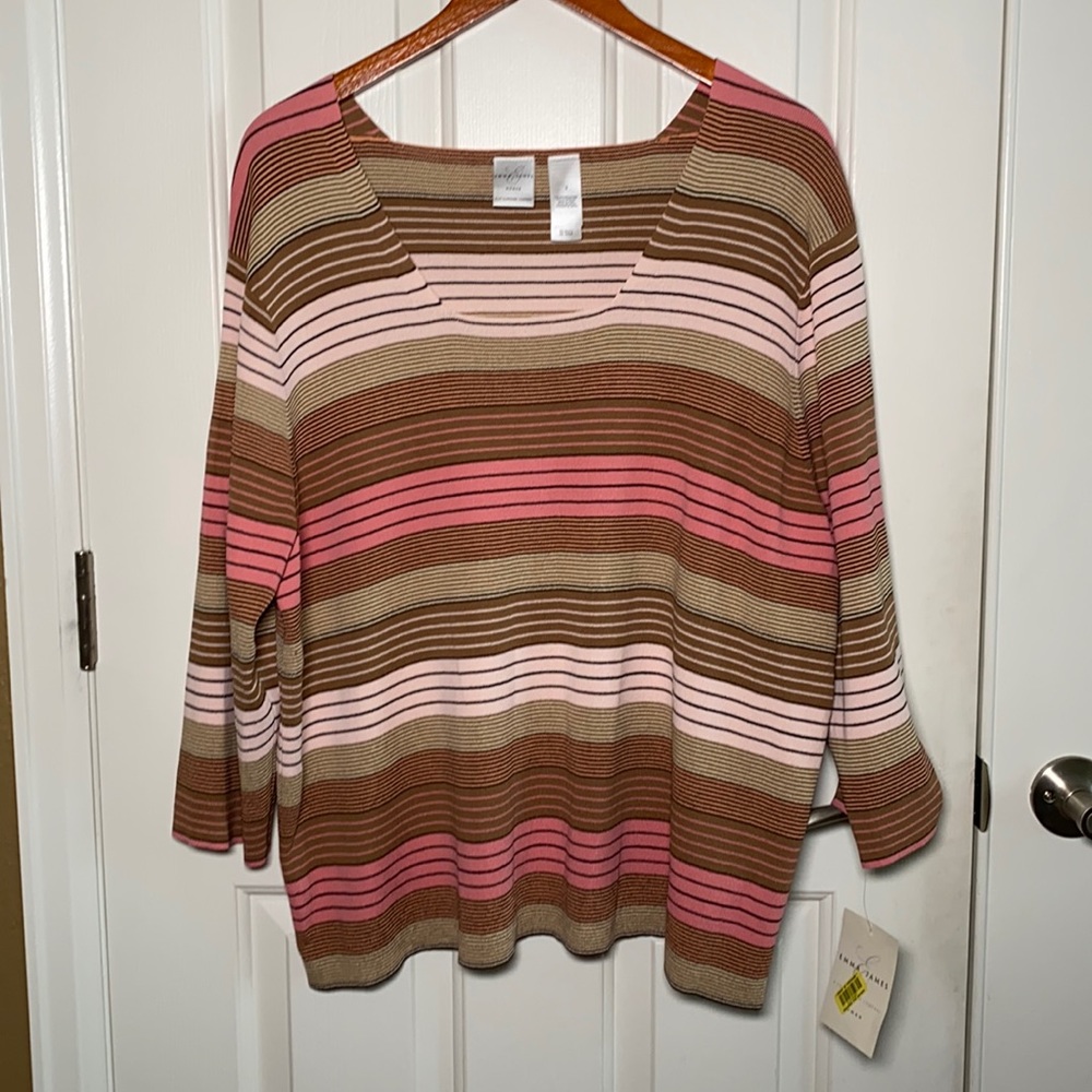 Emma James Striped Sweater Brown Cream Pink Square Neck Plus Size 3X NWT